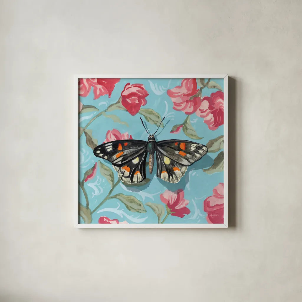 Moth on Floral Pattern Wall No Shadow by Kate Jarvik Birch. Shown in a crisp white glass frame for a clean and minimalist style. Available as an archival giclee rolled canvas, fine art paper, or poster print. SKU 99766a.
