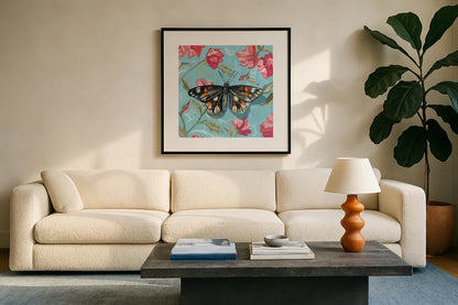 Moth on Floral Pattern Wall No Shadow by Kate Jarvik Birch. Displayed in a glass frame with matte in a clean modern living room. Available as an archival giclee rolled canvas, fine art paper, or poster print. SKU 99766a.