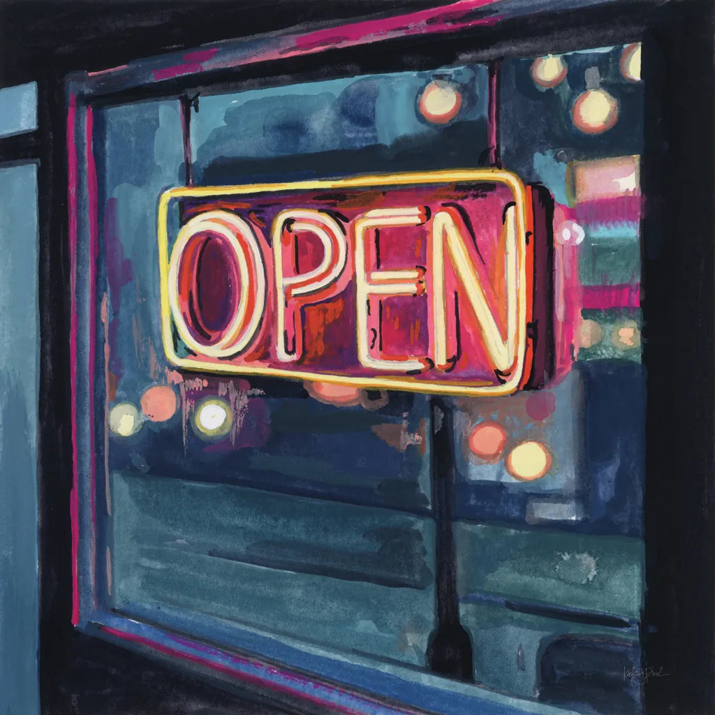 Neon Open Sign by Kate Jarvik Birch. SKU 99558a. Archival Giclee Fine art print for wall decor.