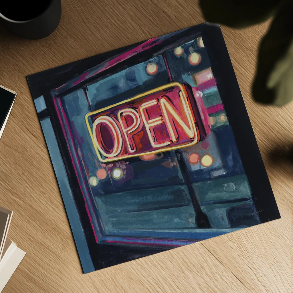 Neon Open Sign by Kate Jarvik Birch. Shown as a detailed flat fine art print, highlighting archival giclee quality. Available as an archival giclee rolled canvas, fine art paper, or poster print. SKU 99558a.