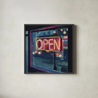 Neon Open Sign by Kate Jarvik Birch. Shown in a sleek black glass frame for a contemporary gallery look. Available as an archival giclee rolled canvas, fine art paper, or poster print. SKU 99558a.