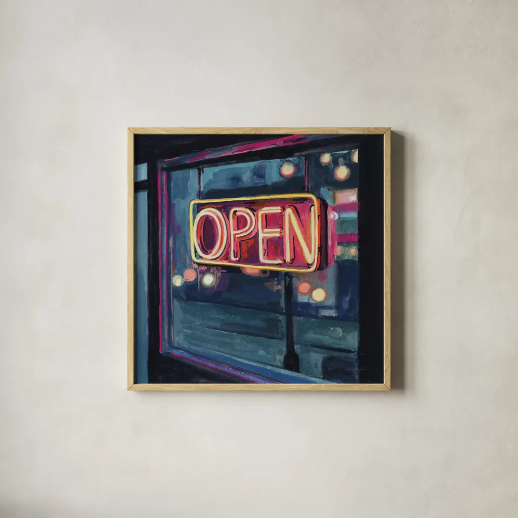 Neon Open Sign by Kate Jarvik Birch. Shown in a natural wood glass frame for a timeless modern aesthetic. Available as an archival giclee rolled canvas, fine art paper, or poster print. SKU 99558a.