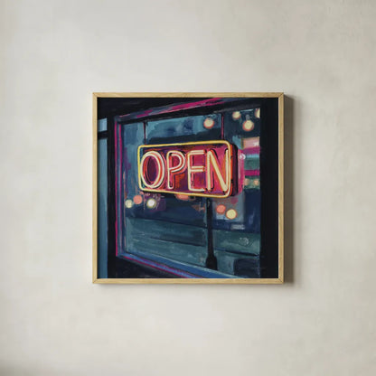 Neon Open Sign by Kate Jarvik Birch. Shown in a natural wood glass frame for a timeless modern aesthetic. Available as an archival giclee rolled canvas, fine art paper, or poster print. SKU 99558a.