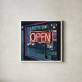 Neon Open Sign by Kate Jarvik Birch. Shown in a crisp white glass frame for a clean and minimalist style. Available as an archival giclee rolled canvas, fine art paper, or poster print. SKU 99558a.