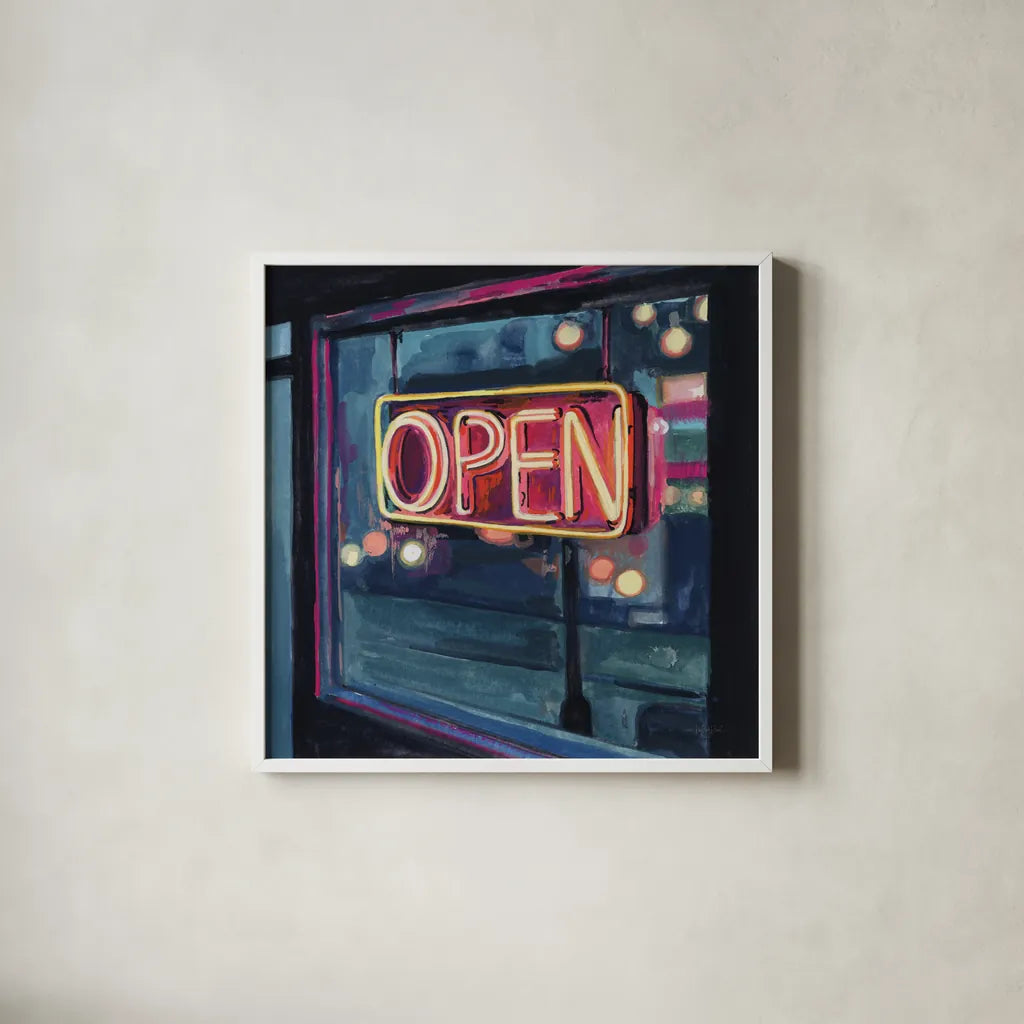 Neon Open Sign by Kate Jarvik Birch. Shown in a crisp white glass frame for a clean and minimalist style. Available as an archival giclee rolled canvas, fine art paper, or poster print. SKU 99558a.