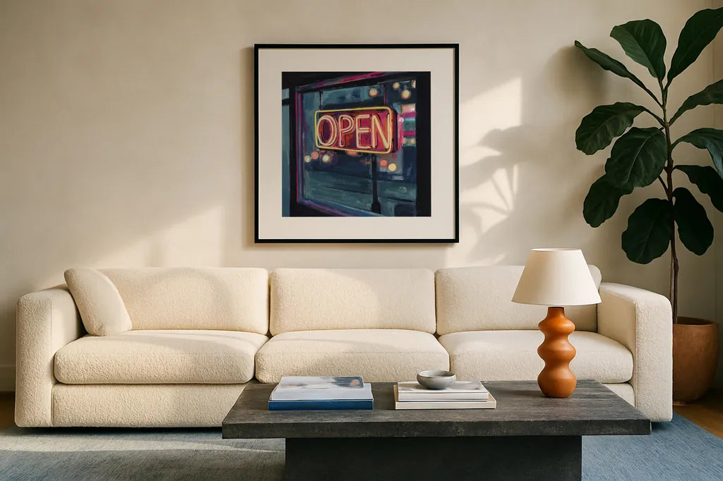 Neon Open Sign by Kate Jarvik Birch. Displayed in a glass frame with matte in a clean modern living room. Available as an archival giclee rolled canvas, fine art paper, or poster print. SKU 99558a.