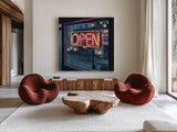Neon Open Sign by Kate Jarvik Birch. Shown as extra-large giant wall art in a modern living room. Available as an archival giclee rolled canvas, fine art paper, or poster print. SKU 99558a.