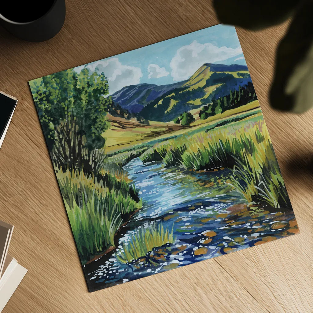 Open Mountain Stream by Kate Jarvik Birch. Shown as a detailed flat fine art print, highlighting archival giclee quality. Available as an archival giclee rolled canvas, fine art paper, or poster print. SKU 99692a.