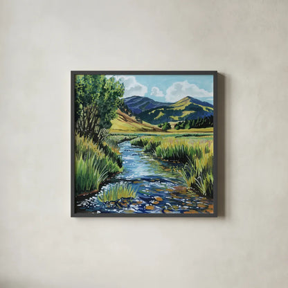 Open Mountain Stream by Kate Jarvik Birch. Shown in a sleek black glass frame for a contemporary gallery look. Available as an archival giclee rolled canvas, fine art paper, or poster print. SKU 99692a.