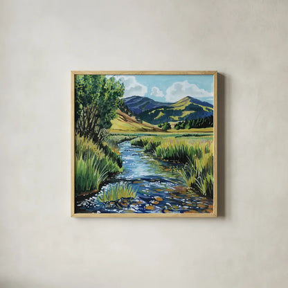 Open Mountain Stream by Kate Jarvik Birch. Shown in a natural wood glass frame for a timeless modern aesthetic. Available as an archival giclee rolled canvas, fine art paper, or poster print. SKU 99692a.