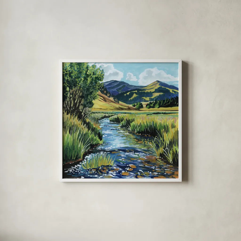 Open Mountain Stream by Kate Jarvik Birch. Shown in a crisp white glass frame for a clean and minimalist style. Available as an archival giclee rolled canvas, fine art paper, or poster print. SKU 99692a.