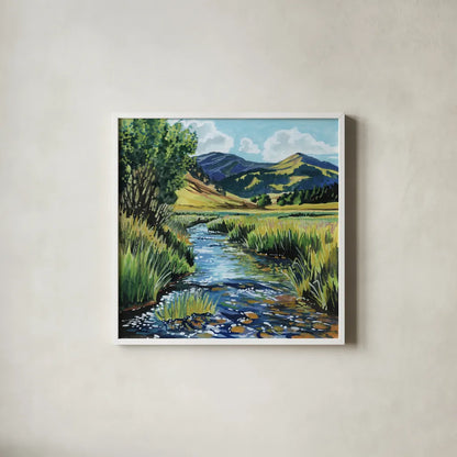 Open Mountain Stream by Kate Jarvik Birch. Shown in a crisp white glass frame for a clean and minimalist style. Available as an archival giclee rolled canvas, fine art paper, or poster print. SKU 99692a.