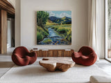 Open Mountain Stream by Kate Jarvik Birch. Shown as extra-large giant wall art in a modern living room. Available as an archival giclee rolled canvas, fine art paper, or poster print. SKU 99692a.