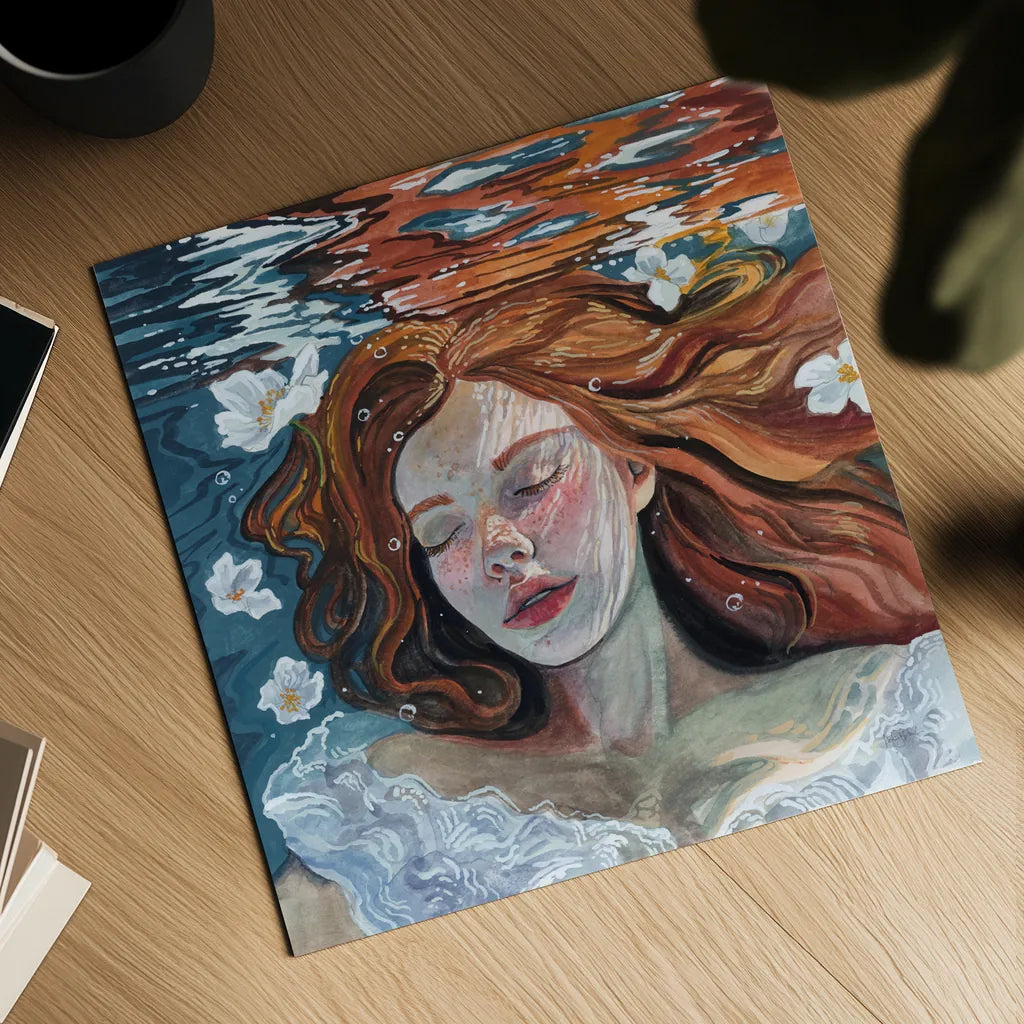Ophelia Underwater by Kate Jarvik Birch. Shown as a detailed flat fine art print, highlighting archival giclee quality. Available as an archival giclee rolled canvas, fine art paper, or poster print. SKU 98613a.