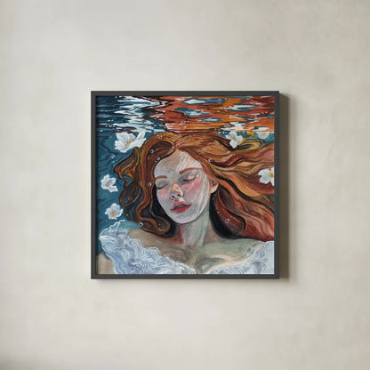 Ophelia Underwater by Kate Jarvik Birch. Shown in a sleek black glass frame for a contemporary gallery look. Available as an archival giclee rolled canvas, fine art paper, or poster print. SKU 98613a.