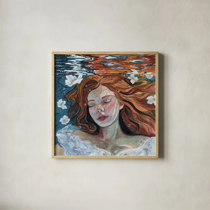 Ophelia Underwater by Kate Jarvik Birch. Shown in a natural wood glass frame for a timeless modern aesthetic. Available as an archival giclee rolled canvas, fine art paper, or poster print. SKU 98613a.