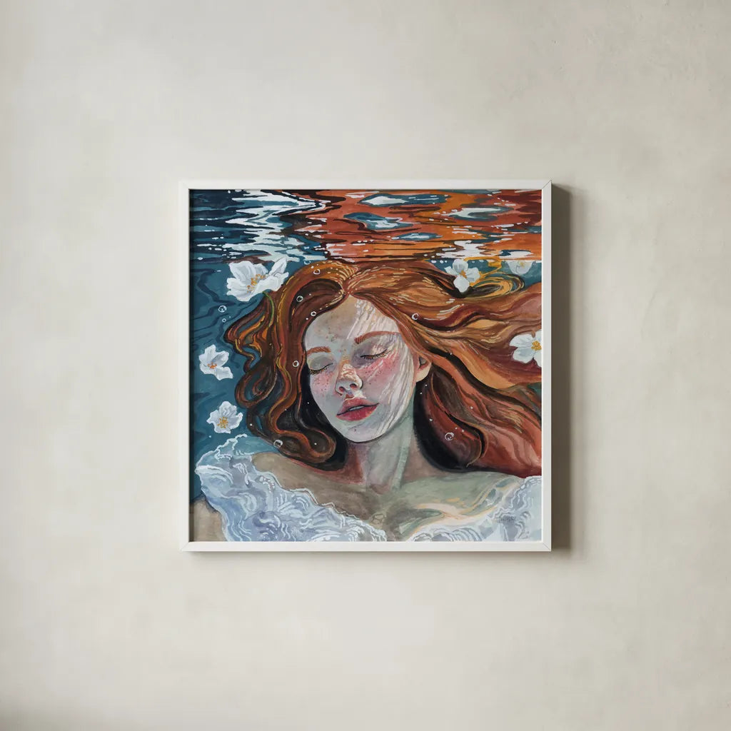 Ophelia Underwater by Kate Jarvik Birch. Shown in a crisp white glass frame for a clean and minimalist style. Available as an archival giclee rolled canvas, fine art paper, or poster print. SKU 98613a.