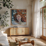 Ophelia Underwater by Kate Jarvik Birch. Shown in a natural wood frame in a cozy modern living room. Available as an archival giclee rolled canvas, fine art paper, or poster print. SKU 98613a.