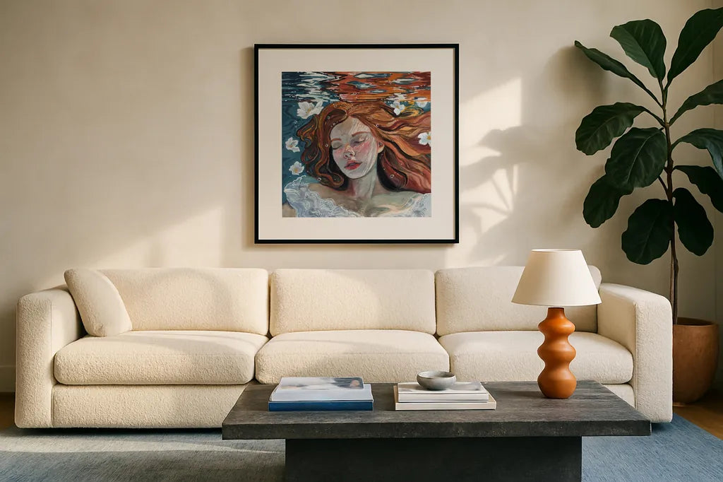 Ophelia Underwater by Kate Jarvik Birch. Displayed in a glass frame with matte in a clean modern living room. Available as an archival giclee rolled canvas, fine art paper, or poster print. SKU 98613a.