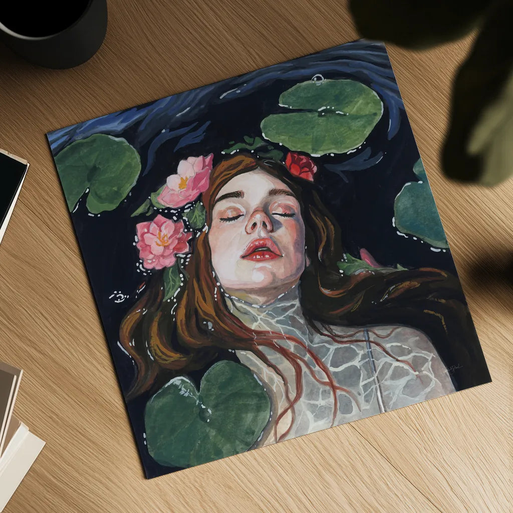 Ophelia With Lilies in Her Hair by Kate Jarvik Birch. Shown as a detailed flat fine art print, highlighting archival giclee quality. Available as an archival giclee rolled canvas, fine art paper, or poster print. SKU 99688a.