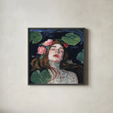 Ophelia With Lilies in Her Hair by Kate Jarvik Birch. Shown in a sleek black glass frame for a contemporary gallery look. Available as an archival giclee rolled canvas, fine art paper, or poster print. SKU 99688a.