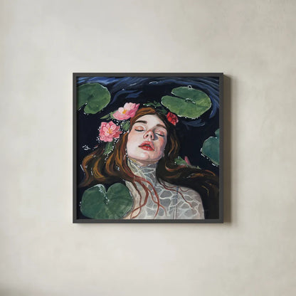 Ophelia With Lilies in Her Hair by Kate Jarvik Birch. Shown in a sleek black glass frame for a contemporary gallery look. Available as an archival giclee rolled canvas, fine art paper, or poster print. SKU 99688a.