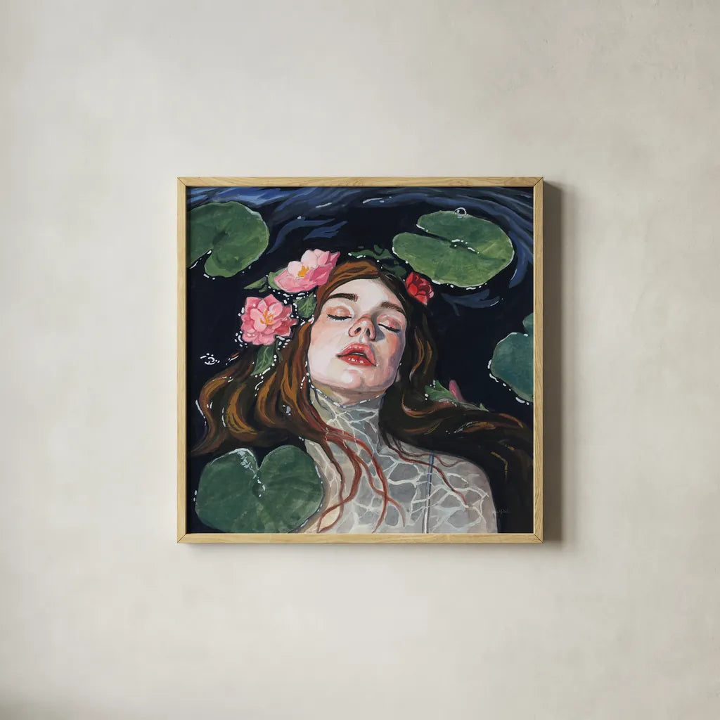 Ophelia With Lilies in Her Hair by Kate Jarvik Birch. Shown in a natural wood glass frame for a timeless modern aesthetic. Available as an archival giclee rolled canvas, fine art paper, or poster print. SKU 99688a.