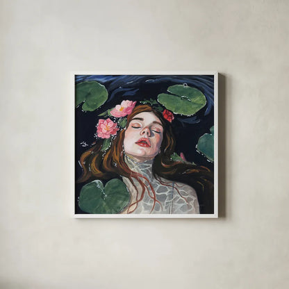 Ophelia With Lilies in Her Hair by Kate Jarvik Birch. Shown in a crisp white glass frame for a clean and minimalist style. Available as an archival giclee rolled canvas, fine art paper, or poster print. SKU 99688a.