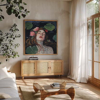 Ophelia With Lilies in Her Hair by Kate Jarvik Birch. Shown in a natural wood frame in a cozy modern living room. Available as an archival giclee rolled canvas, fine art paper, or poster print. SKU 99688a.