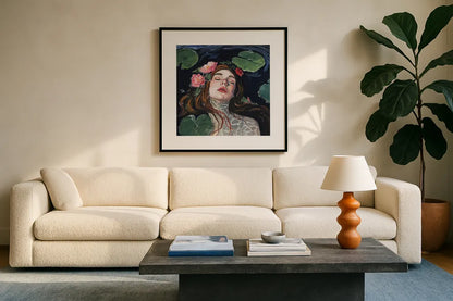Ophelia With Lilies in Her Hair by Kate Jarvik Birch. Displayed in a glass frame with matte in a clean modern living room. Available as an archival giclee rolled canvas, fine art paper, or poster print. SKU 99688a.