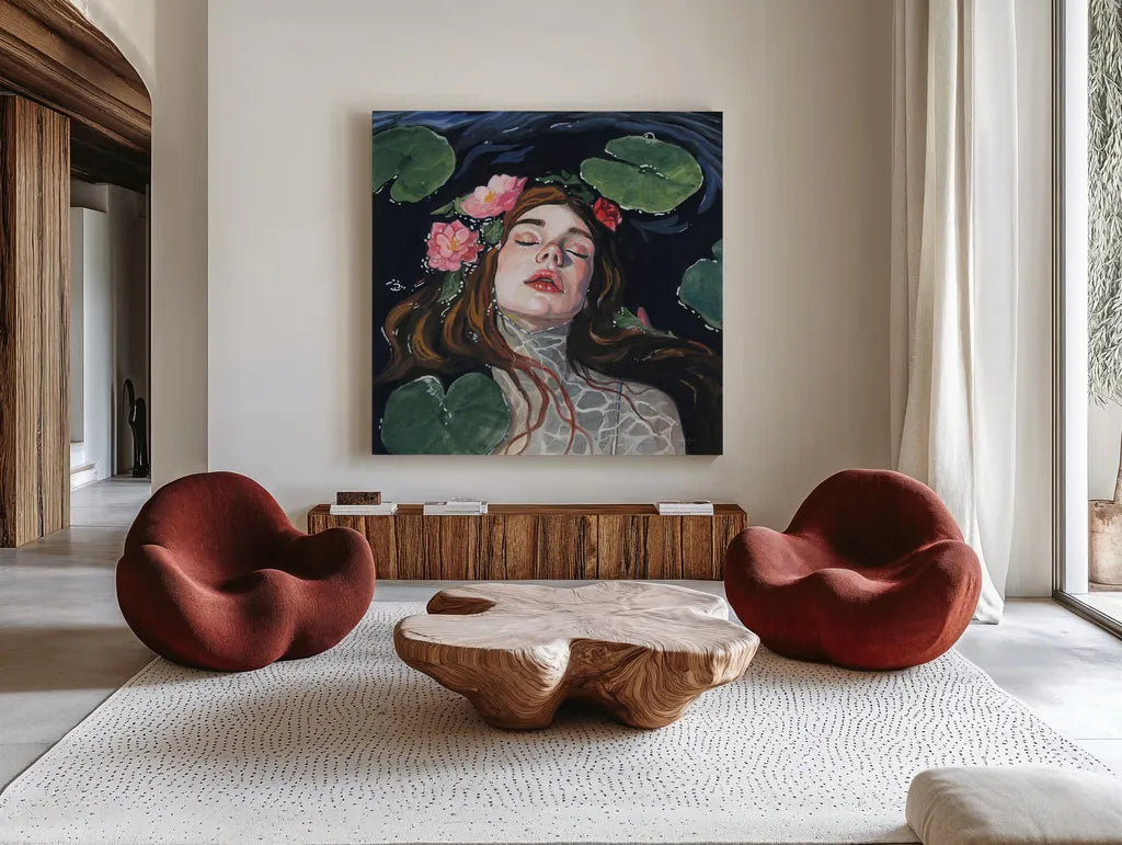 Ophelia With Lilies in Her Hair by Kate Jarvik Birch. Shown as extra-large giant wall art in a modern living room. Available as an archival giclee rolled canvas, fine art paper, or poster print. SKU 99688a.