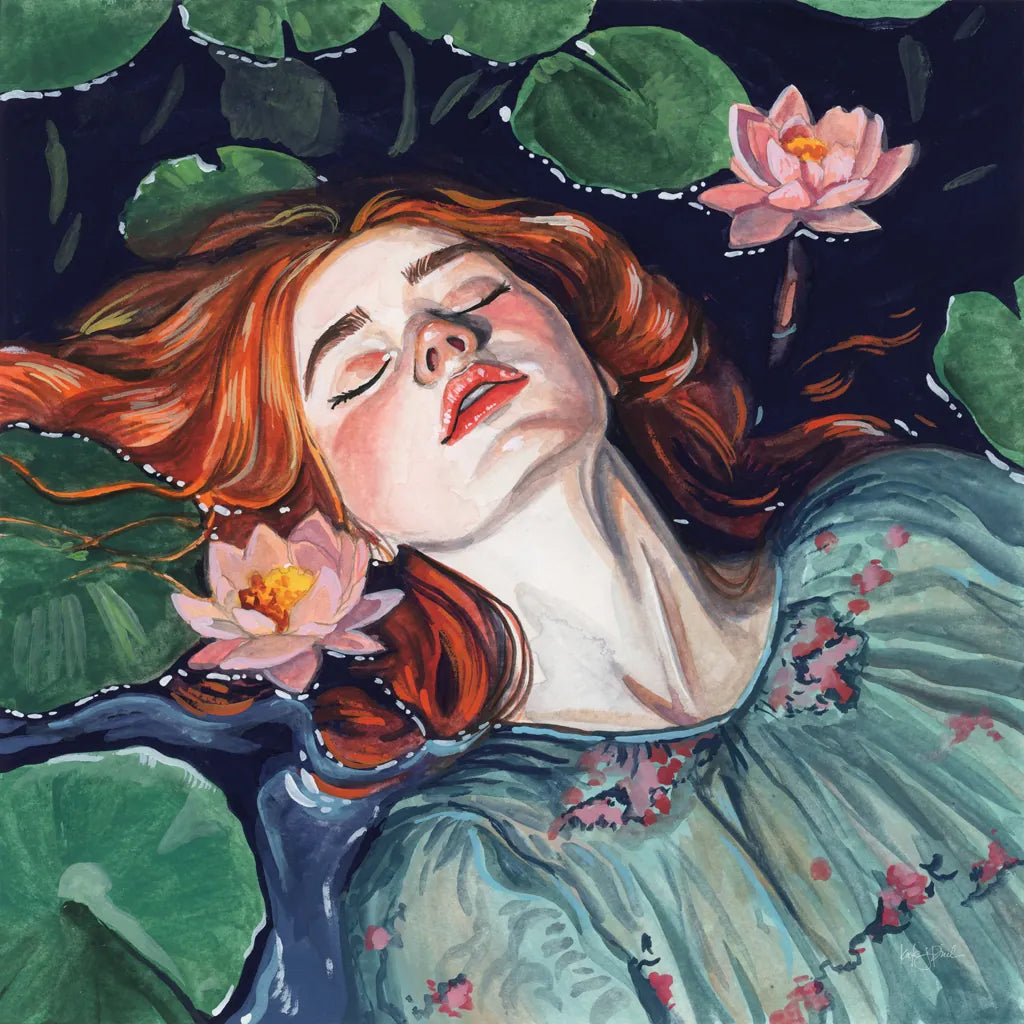 Ophelia and Water Lilies by Kate Jarvik Birch. SKU 98527a. Archival Giclee Fine art print for wall decor.