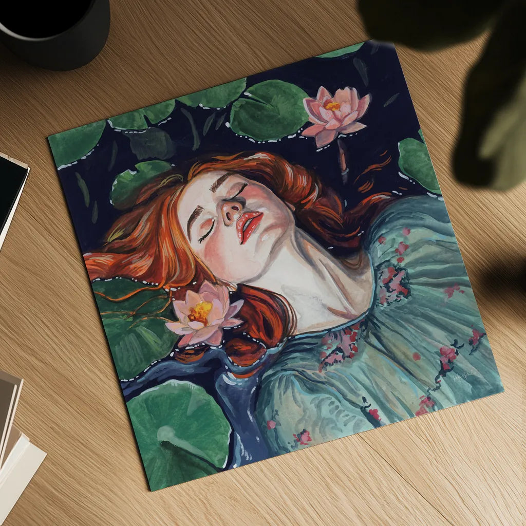 Ophelia and Water Lilies by Kate Jarvik Birch. Shown as a detailed flat fine art print, highlighting archival giclee quality. Available as an archival giclee rolled canvas, fine art paper, or poster print. SKU 98527a.