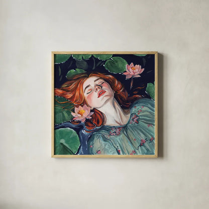 Ophelia and Water Lilies by Kate Jarvik Birch. Shown in a natural wood glass frame for a timeless modern aesthetic. Available as an archival giclee rolled canvas, fine art paper, or poster print. SKU 98527a.