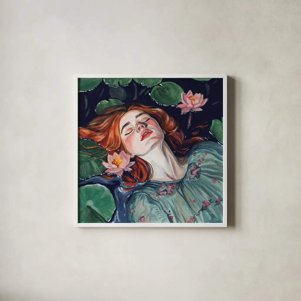 Ophelia and Water Lilies by Kate Jarvik Birch. Shown in a crisp white glass frame for a clean and minimalist style. Available as an archival giclee rolled canvas, fine art paper, or poster print. SKU 98527a.