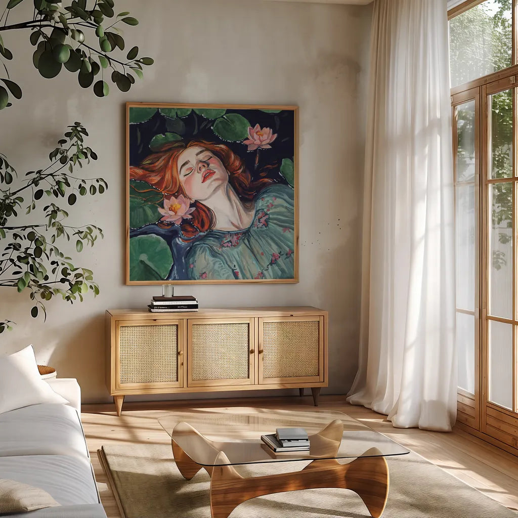 Ophelia and Water Lilies by Kate Jarvik Birch. Shown in a natural wood frame in a cozy modern living room. Available as an archival giclee rolled canvas, fine art paper, or poster print. SKU 98527a.