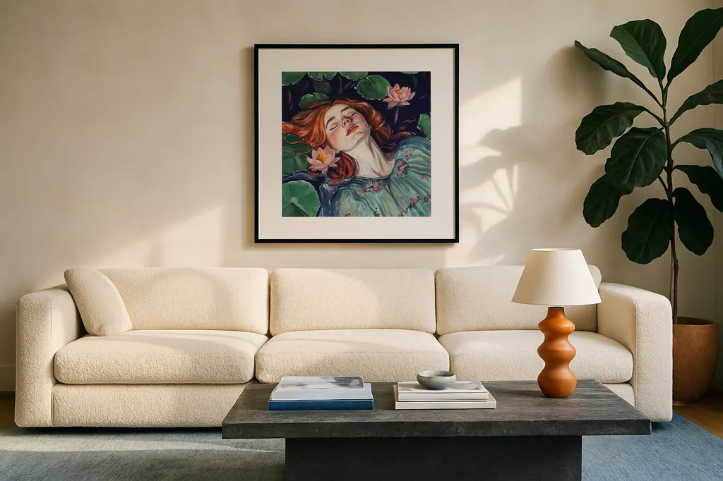 Ophelia and Water Lilies by Kate Jarvik Birch. Displayed in a glass frame with matte in a clean modern living room. Available as an archival giclee rolled canvas, fine art paper, or poster print. SKU 98527a.