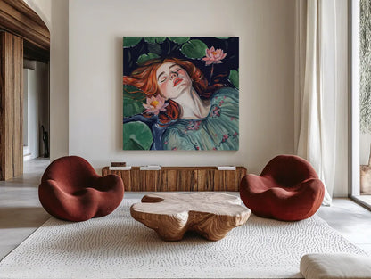 Ophelia and Water Lilies by Kate Jarvik Birch. Shown as extra-large giant wall art in a modern living room. Available as an archival giclee rolled canvas, fine art paper, or poster print. SKU 98527a.