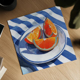 Orange Slices on A Plate by Kate Jarvik Birch. Shown as a detailed flat fine art print, highlighting archival giclee quality. Available as an archival giclee rolled canvas, fine art paper, or poster print. SKU 104889a.