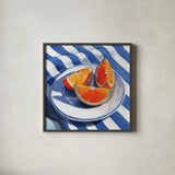 Orange Slices on A Plate by Kate Jarvik Birch. Shown in a sleek black glass frame for a contemporary gallery look. Available as an archival giclee rolled canvas, fine art paper, or poster print. SKU 104889a.