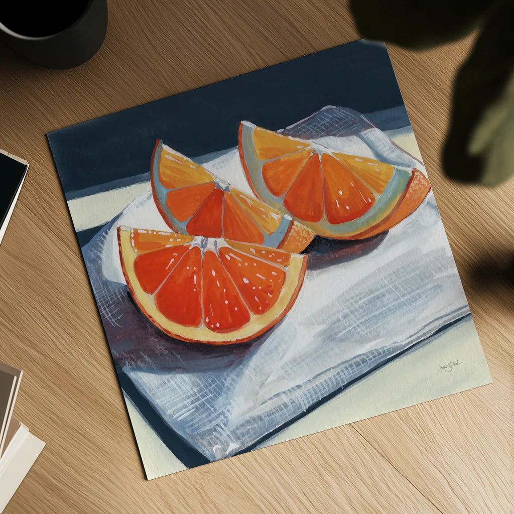 Oranges Catching The Light by Kate Jarvik Birch. Shown as a detailed flat fine art print, highlighting archival giclee quality. Available as an archival giclee rolled canvas, fine art paper, or poster print. SKU 99771a.