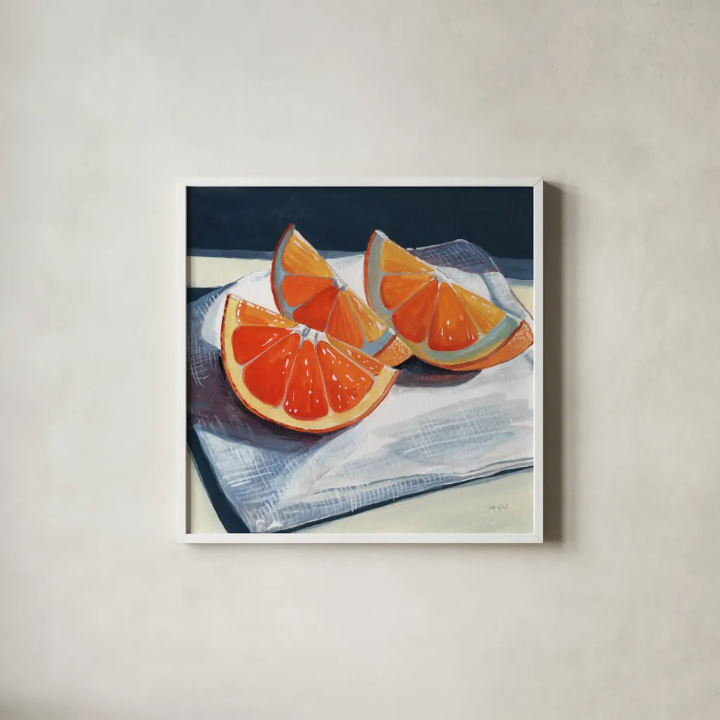 Oranges Catching The Light by Kate Jarvik Birch. Shown in a crisp white glass frame for a clean and minimalist style. Available as an archival giclee rolled canvas, fine art paper, or poster print. SKU 99771a.