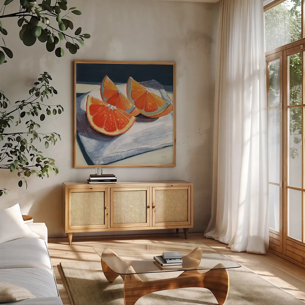Oranges Catching The Light by Kate Jarvik Birch. Shown in a natural wood frame in a cozy modern living room. Available as an archival giclee rolled canvas, fine art paper, or poster print. SKU 99771a.