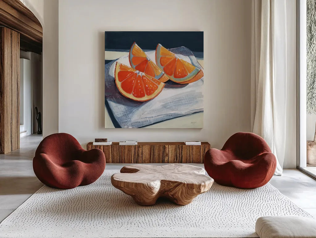 Oranges Catching The Light by Kate Jarvik Birch. Shown as extra-large giant wall art in a modern living room. Available as an archival giclee rolled canvas, fine art paper, or poster print. SKU 99771a.