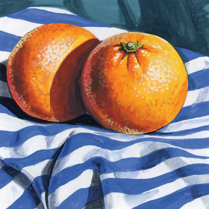 Oranges on Striped Cloth by Kate Jarvik Birch. SKU 98607a. Archival Giclee Fine art print for wall decor.