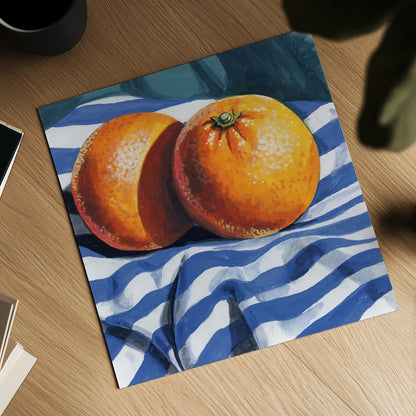 Oranges on Striped Cloth by Kate Jarvik Birch. Shown as a detailed flat fine art print, highlighting archival giclee quality. Available as an archival giclee rolled canvas, fine art paper, or poster print. SKU 98607a.