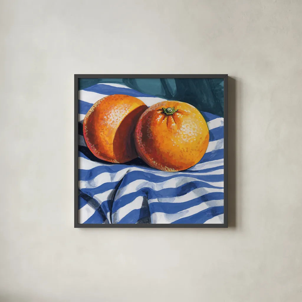 Oranges on Striped Cloth by Kate Jarvik Birch. Shown in a sleek black glass frame for a contemporary gallery look. Available as an archival giclee rolled canvas, fine art paper, or poster print. SKU 98607a.