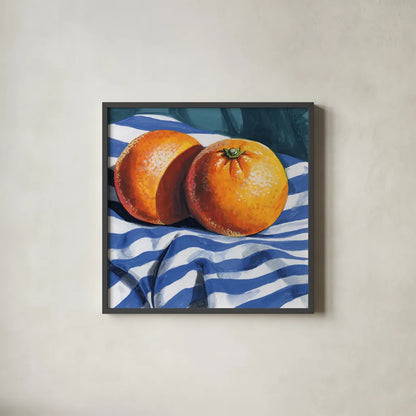 Oranges on Striped Cloth by Kate Jarvik Birch. Shown in a sleek black glass frame for a contemporary gallery look. Available as an archival giclee rolled canvas, fine art paper, or poster print. SKU 98607a.