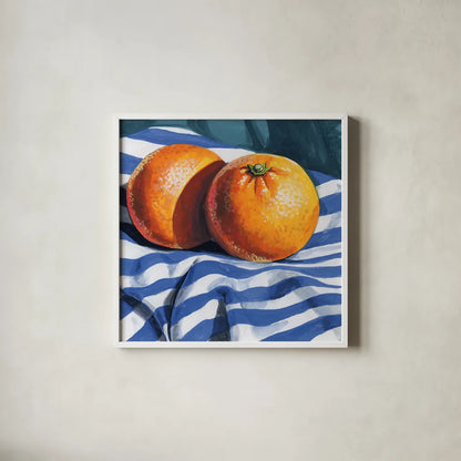 Oranges on Striped Cloth by Kate Jarvik Birch. Shown in a crisp white glass frame for a clean and minimalist style. Available as an archival giclee rolled canvas, fine art paper, or poster print. SKU 98607a.