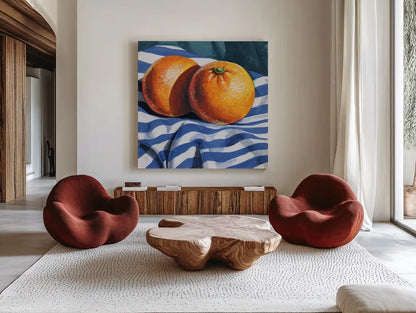 Oranges on Striped Cloth by Kate Jarvik Birch. Shown as extra-large giant wall art in a modern living room. Available as an archival giclee rolled canvas, fine art paper, or poster print. SKU 98607a.